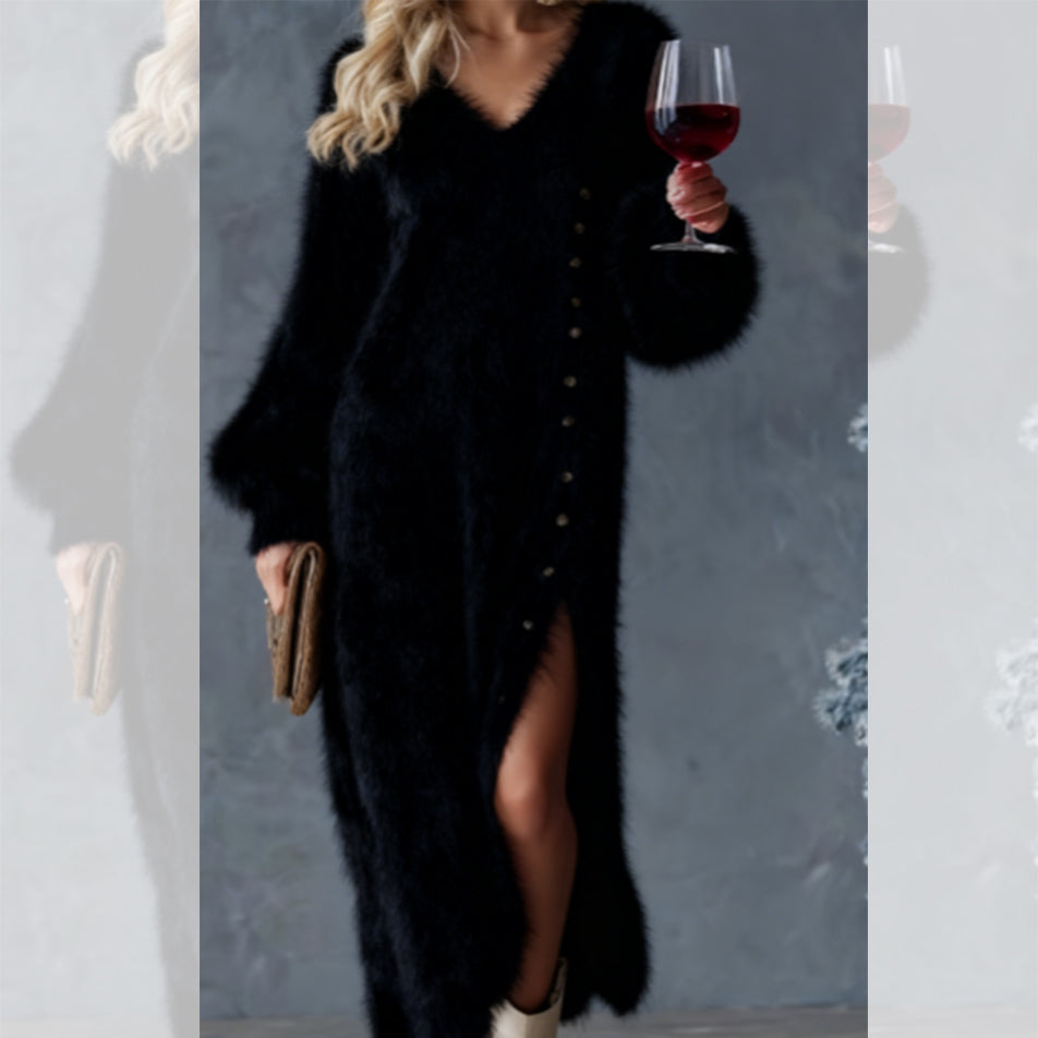 Elegant high-quality plush dress for women, with a side slit