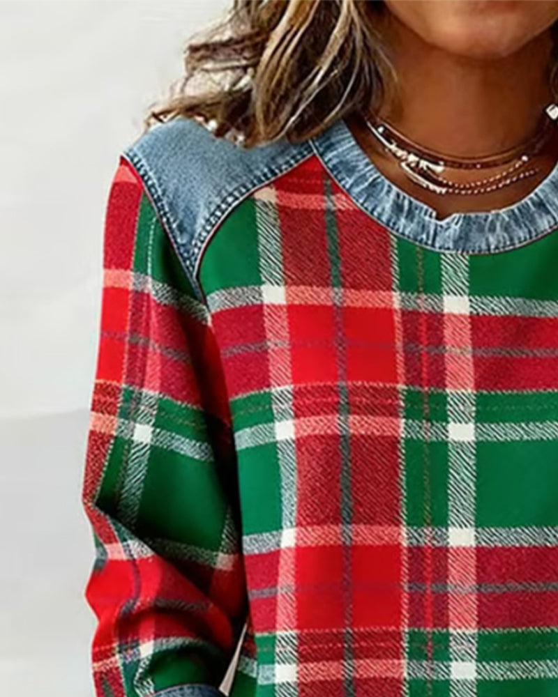 Fashionable Sweatshirt with Checkered Patchwork
