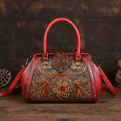FLORINA™ | ENGRAVED LEATHER HANDBAG WITH FLORAL PATTERN