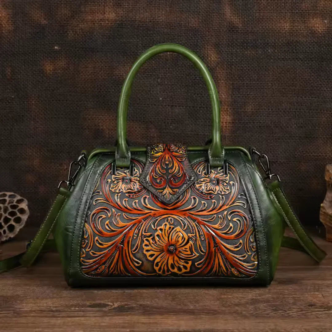 FLORINA™ | ENGRAVED LEATHER HANDBAG WITH FLORAL PATTERN