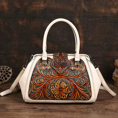 FLORINA™ | ENGRAVED LEATHER HANDBAG WITH FLORAL PATTERN