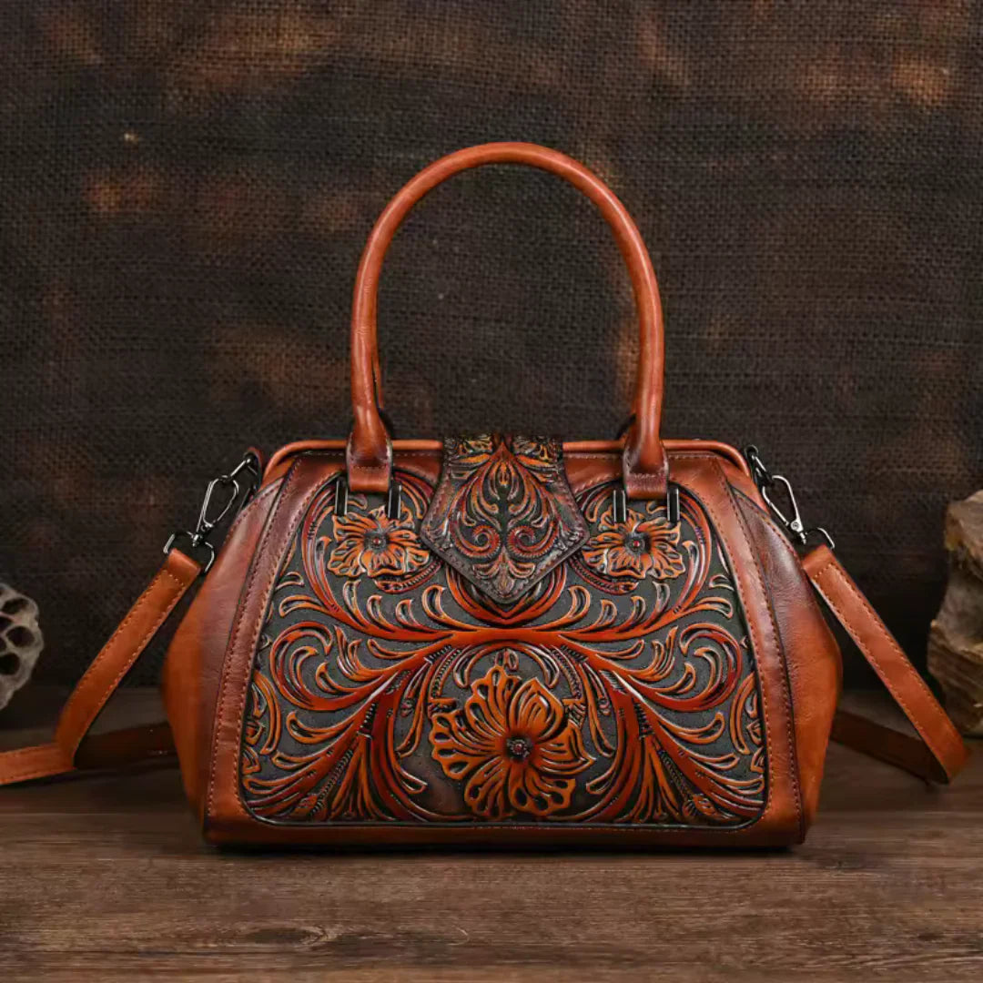 FLORINA™ | ENGRAVED LEATHER HANDBAG WITH FLORAL PATTERN