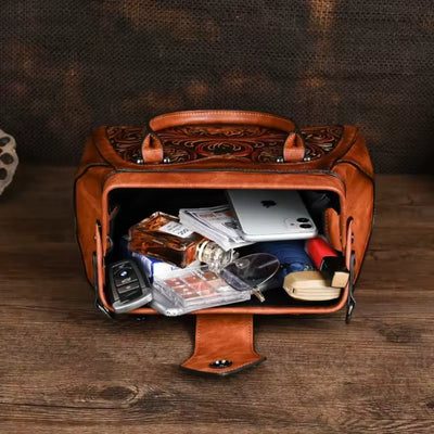 FLORINA™ | ENGRAVED LEATHER HANDBAG WITH FLORAL PATTERN