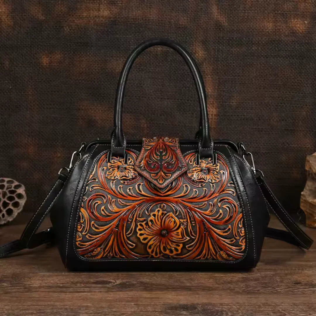 FLORINA™ | ENGRAVED LEATHER HANDBAG WITH FLORAL PATTERN
