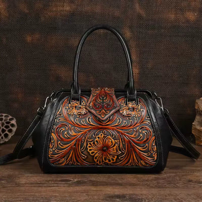 FLORINA™ | ENGRAVED LEATHER HANDBAG WITH FLORAL PATTERN