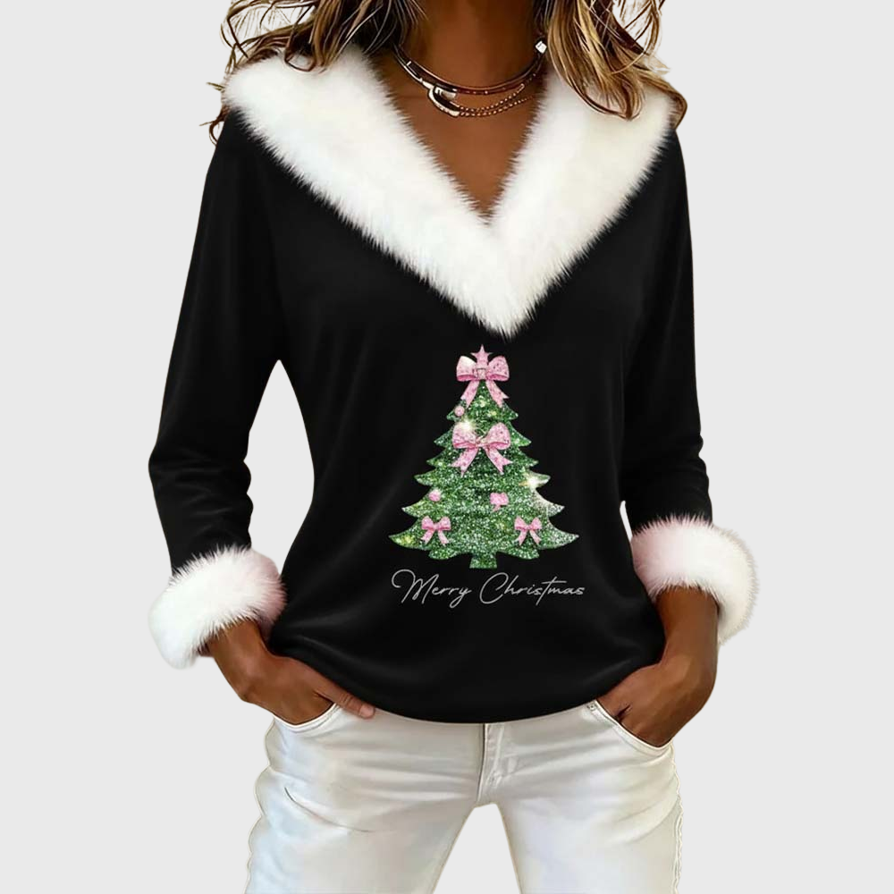 Large Fur Collar Christmas Print Top