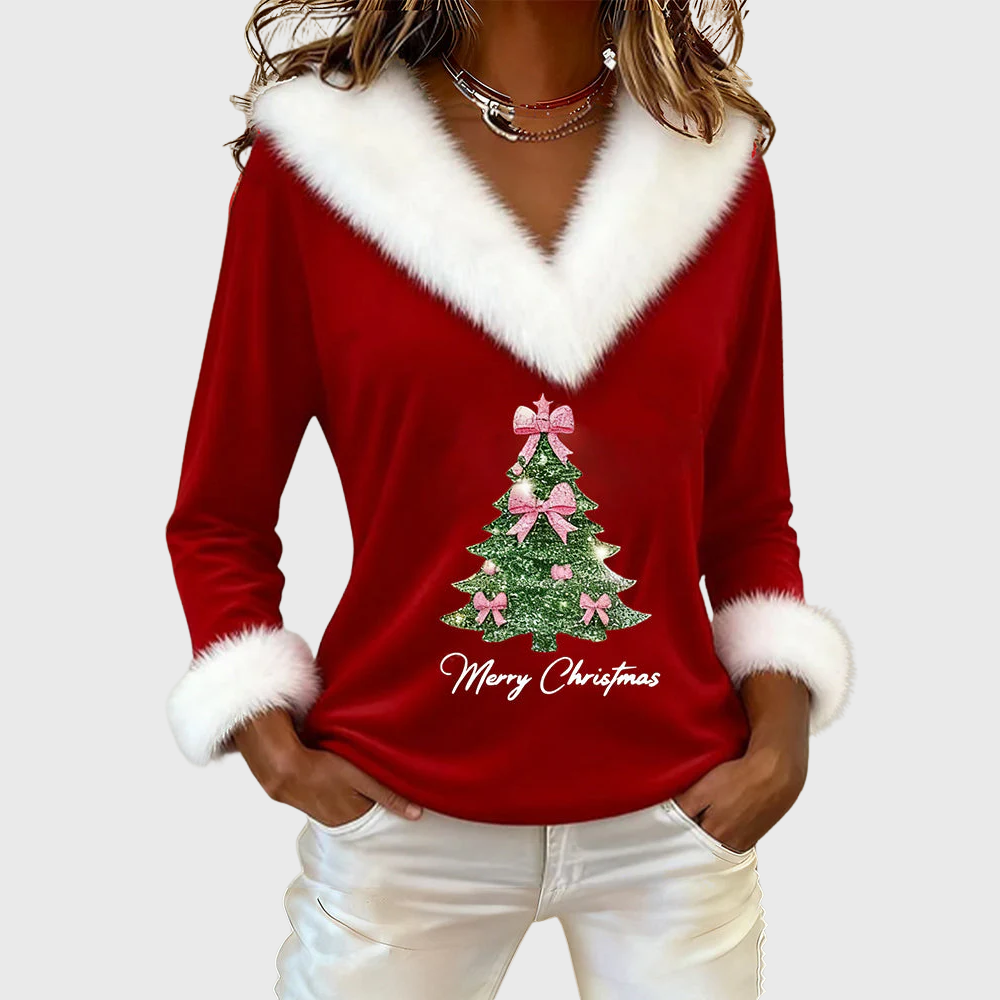 Large Fur Collar Christmas Print Top